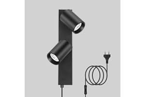 TaFiCo Applique Murale 2 Spots Interieur avec Interrupteur et Prise - Noir Lampe Murale Orientable 350°Spot Luminaire Mural Vintage pour Chambre Salon Cuisine Sans Ampoule