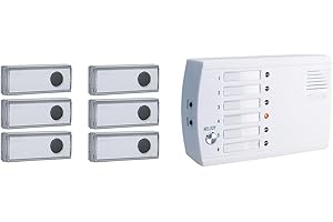 M-E MODERN-ELECTRONICS m-e FRS-106 | Funk-Rufton-System mit 6 Sendern + 1 Empfangszentrale | 6 Funk-Klingeln mit 1 Zentrale | Für bis zu 6 Personen, Räume oder Eingänge | Notrufsystem