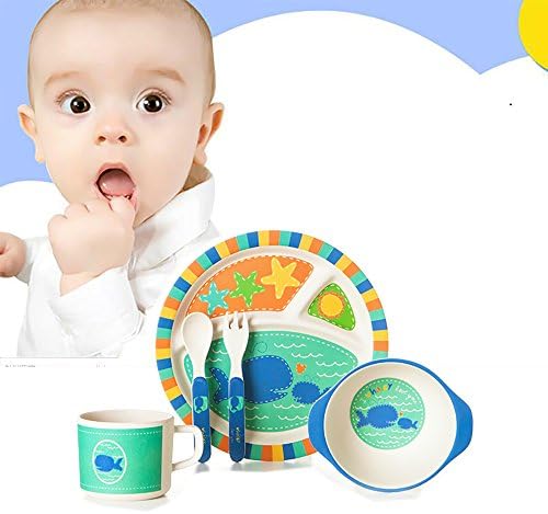 Bamboo Kids Meal Set(5Pacs)Kids Plate Set,Toddler Dinner Set,Eco-Friendly Bamboo Dishes,Food-Safe Feeding Set for Toddlers and Little Kids,Boys and Girls,Cute Cartoon Animal Tableware(Owls, Whale, Sharks) (Whale)