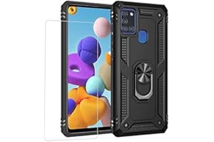 Joytag Compatibile per Cover Samsung A21S，Custodia + Vetro temperato Silicone TPU 360 Grado Anello Girevole Magnetico Supporto Cassa del Telefono dell'auto Case-Nero