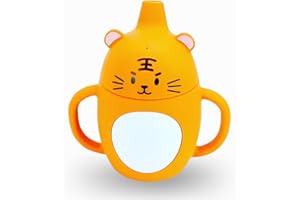 BabyGT Vaso Aprendizaje Bebe Silicona/Vaso bebe con Tapa antiderrame para beber. Vaso de entrenamiento con dos asas para bebes y niños pequeños 200ml (Tigre)
