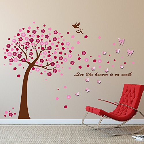Walplus Entfernbarer selbstklebend Wand Sticker Riesig pink Baum mit 3D Schmetterlinge rosa weiß gepunktet Wandbild Kunst Zuhause Wohnzimmer Dekoration Dekor Restaurant Café Hotel Kinderzimmer - 3