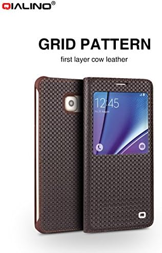 Note 5 Smart Case,QIALINO Slim Flip Smart Cover Genuine Leather Case, with Smart View Winodw and Auto Sleep Wake-up Feature for Sumsung Galaxy note 5