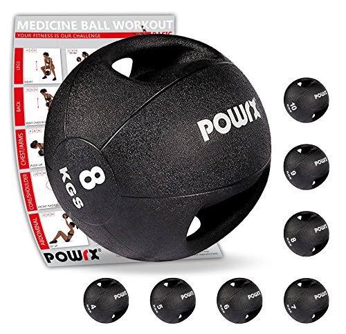 Medizinball mit Griffen Profi 3 - 10 kg von POWRX | schwarz Gewichtsball Studioqualität