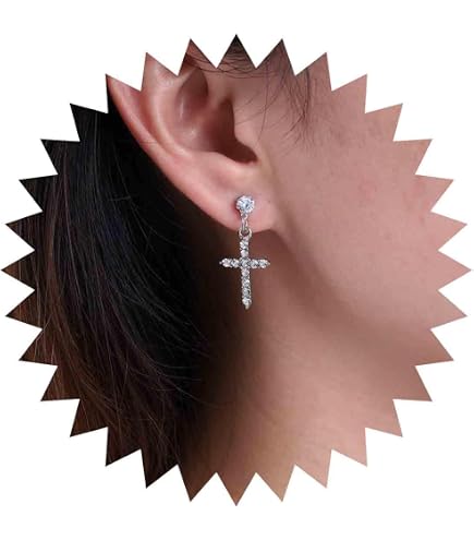 Orecchini A Cerchio Con Croce In Argento E Zirconia Cubica - Asimmetrici, Gioielli Per Donna E Ragazza