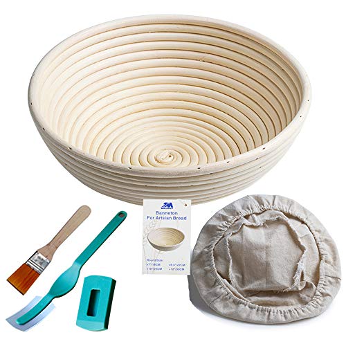 M JINGMEI Banneton Pruebas Cesta 10"Redondo Banneton Brotform Cuenco de ratán para 25cm Masa de Pan y Cepillo [Libre] Borradores de Aumento(hasta 1000g) + Free Liner +Lame de Baker o Grignette
