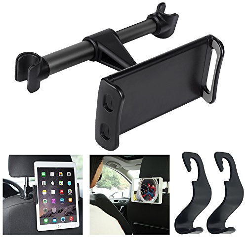 Supporti Poggiatesta per Tablet Cellulare con 2 Appendiabiti Auto, AFUNTA Supporto per Telefono Tablet per Schienale Auto universale per iPad Samsung Nintendo Switch Kindle Fire Smartphone Tablet da 4 a 10.1 pollici - Nero