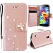 Produktbild GrandEver Samsung Galaxy S5 Mini Ledertasche Hülle Schutzhülle Handschlaufe Tasche Rosegold Drucken Schmetterling Weinstock Muster Glitzer Bling Diamant Design Bookstyle Lederhülle Backcover Schale Umschlag Stil Wallet Flip Case Cover mit Weiche Silikon Leder Innere Abnehmbar Trageband Standfunktion Karteneinschub Magnetverschluss Etui