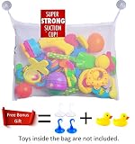 Badewannen-Spielzeugnetz-Spielzeug Organisator Weiß -Badespielzeugsammler-Spielzeug Tasche mit haltbaren und größeren Netz + 4 zusätzliche kräftige Saunäpfen + 4 Badewannenspielzeuge für Kleinkind,Badezimmer Organizer Hängender Mesh Beutel