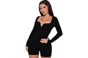RPAEOY Damen Jumpsuit Langarm Gerippter V Ausschnitt Hosenanzug Strampler Overall Sport Playsuit Bodycon Shorts Bodysuit Sexy Sportkleidung Trainingsanzug für Yoga Workout