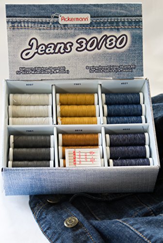 ACKERMANN® Nähfaden-Set "JEANS" 30/80 mit 36x Rollen Nähgarn und 5x Organ "JEANS" - Nähnadeln, beides speziell zum Nähen von JEANS-Stoffen und dicken Materialien.