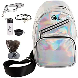 Holographic Reflective Dog Walking Accessories - Waterproof Dog Backpack, Leash, Poop Bag, Waste Dispenser, Water Bottle, Bowl, Whistle - Night, Travel, Hiking, Camping Safety Gear Gift Set 7 Pc BaR-K