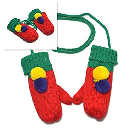 Babe Mall Inc® Charming Bright-colored Plus Warm Winter Gloves/Mittens with Pompom and Rope for Baby girls-- Red+random gift