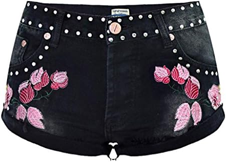 Wgwioo Women 3D Embroidery Denim Shorts Classic Crimping Tassel Loose Pants Rivet Punk Jeans . Black . 36