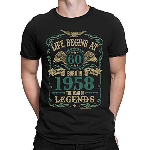 Buzz Shirts Life Begins At 60 Mens T-Shirt - Born In 1958 Year of Legends 60th Birthday Gift Small