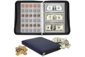 Yunkctuk Ignifugo Album Raccoglitore Monete da 2 euro, Porta Monete da Collezione con 24 Pagine per 300 Monete e 36 Banconote in Euro, Dollari, Sterline e Pence (Blu)