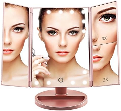 COSOON Tri-Fold Lighted Makeup Mirror with 21 LED Lights &amp; 2X &amp; 3X Magnifying Mirror Folding Vanity Mirror for Travel Home Bathroom, USB or Battery Powered (Rose Golden)