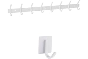 smartpeas Appendiabiti A Parete Attaccapanni Muro - Acciaio Inox Bianco -60X8X4Cm- Porta 30Kg - 8 Ganci +Plus: 1 Ganci Autoadesivi