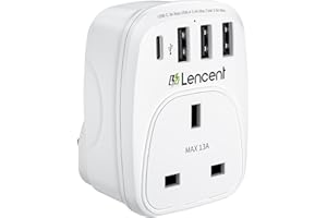 LENCENT USB Plug Charger UK with 1 Type C and 3 USB Ports, 1 Way Socket Extension, 5-in-1 USB Outlet Plug Extender for Household Appliances, iPhone, Smartphone Tablets, Ideal for Home Office 3250W