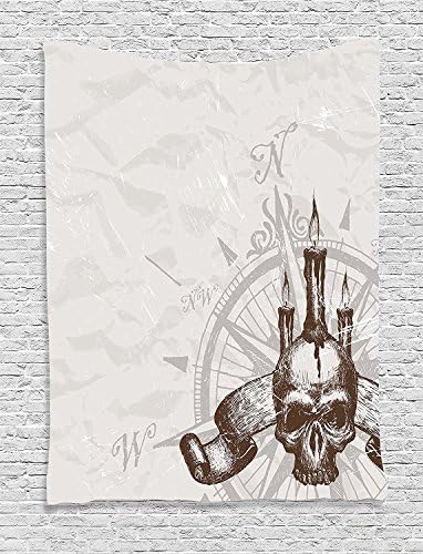 THndjsh Compass Decor Tapestry, Compass With Skull And Candles Spooky Adventure New Pirate Destinations Theme, Wall Hanging for Bedroom Living Room Dorm, 40 W x 60 L Inches, Brown and Pearl Grey