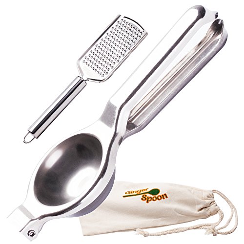 Zitronenpresse - Edelstahl rostfrei + spülmaschinenfest inkl. IngwerReibe / ZitronenReibe und Stoffbeutel