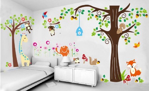 WallStickersDecal ® wallStickersDecal animaux et écureuil renard arbre et oiseaux stickers muraux, Coloré, (H x l) 150 x 134 cm