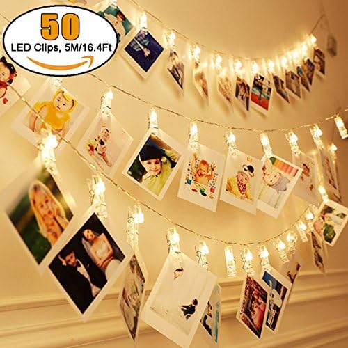 AUTOPkio LED Photo Clip String Lights - 50 Photo Clips 5M Battery Powered LED Picture Lights Home Decor Fairy Lights for Decoration Hanging Photo, Notes, Artwork(Warm White)