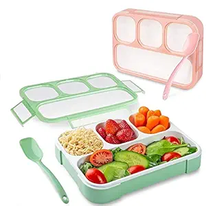 GETKO WITH DEVICE Leakproof 4 Compartment Plastic Kids Childrens Lunch Box with Removable Divided Container for Girls, Boys and Kids School, Office Lunch Box with Spoon (Pack of 1Pc- Multi Color)