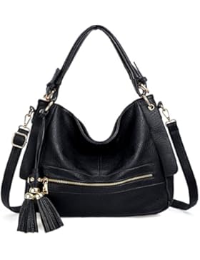 UTO Damen Handtasche PU Leder Purse Front Reißverschluss Quast Hobo Stil Schultertasche