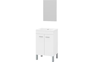 Baikal Mueble de Baño. 2 Puertas. Armario con Patas. Incluye Lavabo Cerámico y Espejo Liso. Mueble Auxiliar. Gabinete de Baño. Armario Auxiliar. Se Entrega en Kit. 50cm Blanco.