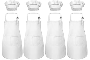 Zsanhua White Kids Apron and Chef Hat Set, 8 Pcs Children Aprons for Baking Cooking Painting, Adjustable Bib Aprons with Pockets for Boys Girls Toddler Age 6-13 Years