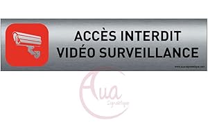 AUA SIGNALETIQUE - Plaque de porte Aluminium brossé imprimé AluSign - 200x50 mm - Double Face adhésif au dos (Accès interdit vidéo)
