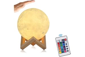 GEEDIAR Lampada Luna 15cm 3D Moon Lamp con Sensore Tocco, LED RGB Luce Lunare Notturna, Telecomando, Batteria Dimmerabile, Supporto in legno, con timer