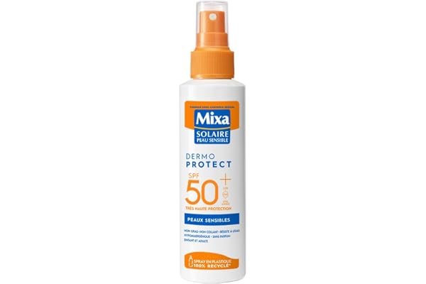 Mixa Solaire Peaux Sensibles - Spray Soin Solaire Très Haute Protection SPF 50+ UVA, UVA longs, UVB - Visage et Corps - Adultes et Enfants - Résistant à l'Eau et au Sable - Hypoallergénique - 150 ml