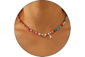 MISS CHIPMUNK Bunte Perlenkette für Frauen Mädchen -Initial Halsketten bunte Perlen Charme Buchstabe Alphabet Choker Bohemian vergoldet Anhänger mit herzförmigen Metall Y2K Boho Halskette Freundin Frau