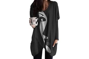 Minetom Langarmshirt Damen V-Ausschnitt Druck Lose Langarm Oberteile Oversize Lang Sweatshirt Tops Asymmetrisch Saum Jumper Pullover Mit Taschen