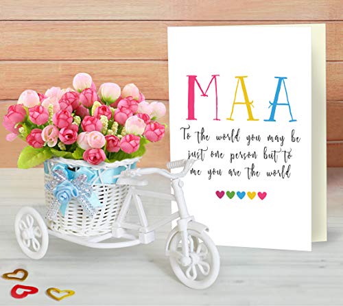 Tied Ribbons Gift for mom from Daughter Cycle vase with Artificial Flowers and Greeting Card