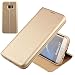 Produktbild Nouske Lederklapphülle für Samsung Galaxy S7 Hülle Tasche Handgefertigt geschwungene Kanten mit Aufsteller und Kartenfach TPU Schutzhülle Cover Gold.