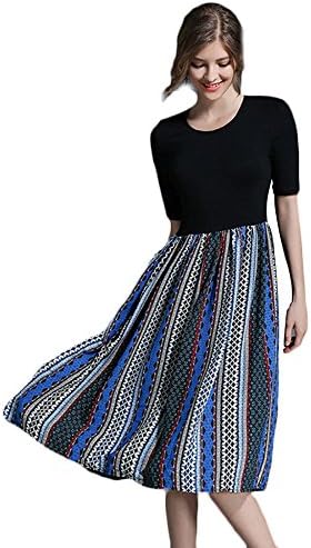 JPFCAK Elegant Summer Women Round Neck Stripes Print Short Sleeves Elegant Chiffon Dress,Blue-M