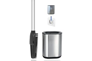arteneur® - 3en1 Brosse WC en Silicone avec Support de Brosse de Toilettes à Manche Long en Acier Inoxydable & Hygienique avec Lamelles et Grattoir- pour Salle de Bains & WC (Acier Affiné)