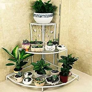 Zain Decor Home Decorative 3-Tier Metal Plant Stand Floral Corner Shelf Metal Flower Pot Rack Stair-Step Style 81cm x 57cm x 70cm (L x W x H) (White)