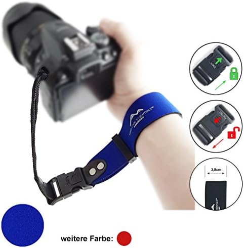 Neoprene Camera Hand Strap EXTRA WIDE / Click with LOCK / BLUE / REAL LEATHER Connectors / Camera Strap Wrist Strap Carrying Strap / by MIND CARE ESSENTIALS …
