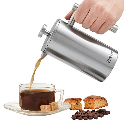 VonShef Kaffeebereiter French Presse 360 ml (3 Tasse) aus Edelstahl 2-lagig thermoisoliert inkl. Messlöffel und Beutelclip - 3