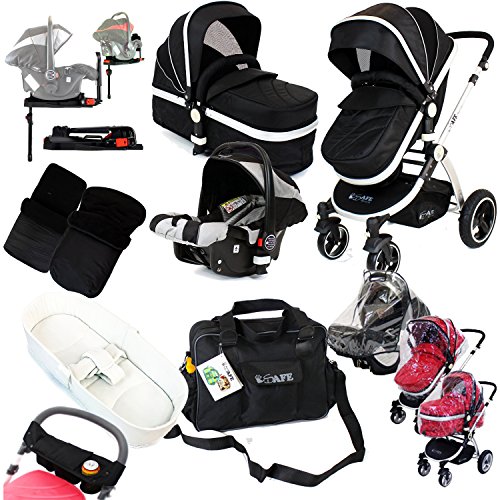 i-Safe Complete Trio Travel System Pram & Luxury Stroller - Black Complete With Carseat + iSOFIX Base + iSafe Luxury Bedding Complete With Mattress + iSafe Luxury Changing Bag (Black) + iSafe Parent Organizer + Footmuff + Carseat Footmuff + RainCovers