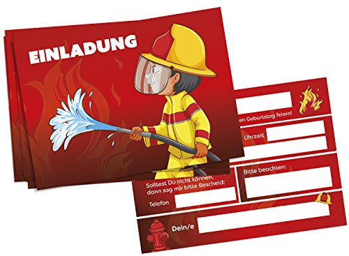 16 Einladungskarten zum Kindergeburtstag – Motiv Feuerwehrmann – für Kinder, Jungen, Mädchen,Feier Geburtstagseinladungen im Set - 3