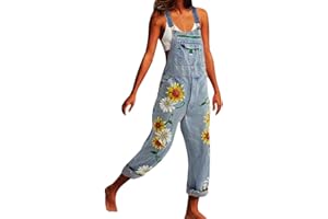 Onsoyours Jeanslatzhose Damen Latzhose Retro Jeanshose Trägerhose Hoseanzug Denim Blumen Overall Gerades Bein Lang Trägerhose Ärmellos Locker mit Taschen