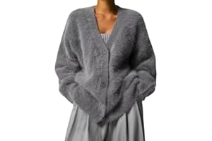 XHHPJ Women's Fuzzy Mohair Sweater Button Down V Neck Long Sleeve Knit Tops Casual Lightweight Cardigan Jackets