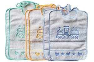 OM DOLCE CASA Bavaglini trenino o vari disegni con elastico, cotone, da bambino, inserto in tela aida ideali per asilo nido e scuola materna +1 asciugamano in omaggio