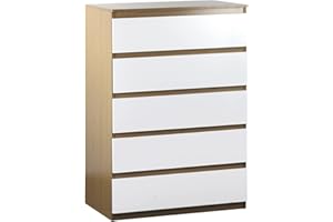 BRIGROS LA VOGLIA DI FARE WeHome - Cassettiera 5 Cassetti In Legno 77x50x111 Cm, Cassettiera Alta Con Guide In Metallo Per Camera Da Letto O Soggiorno Con Cassetti Spaziosi (Rovere Chiaro/Bianco)