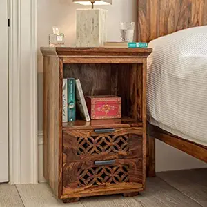 Dews Furniture Wooden Brown Bed Side End Table with 2 Drawers